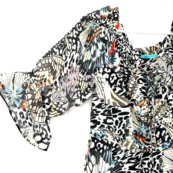 Alice + Olivia size XS silk blouse elbow length sleeves ruffle hem black white - Picture 3 of 6